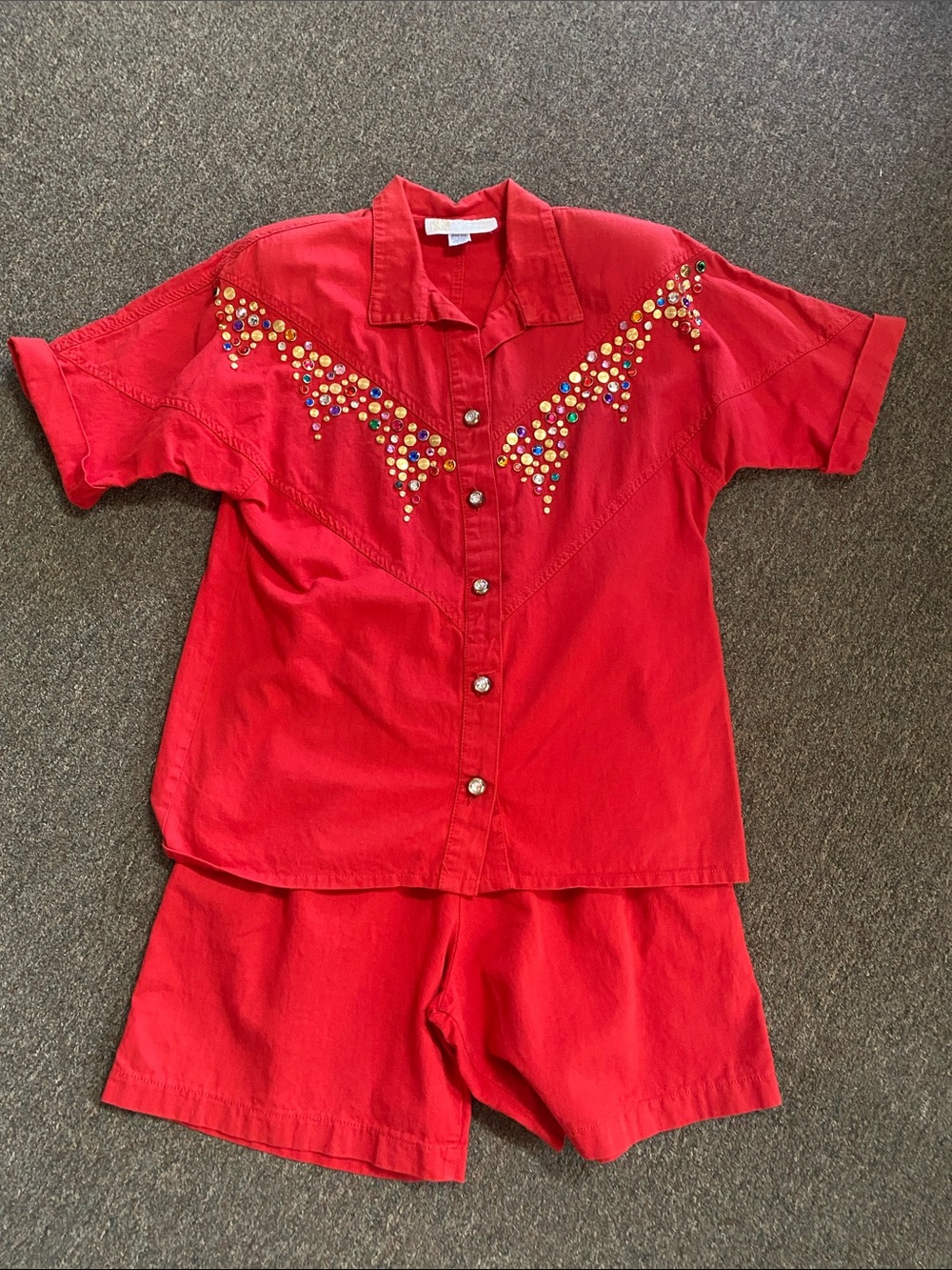 Vintage Monique Fashion Red Embellished Two-Piece Shirt and Shorts Set